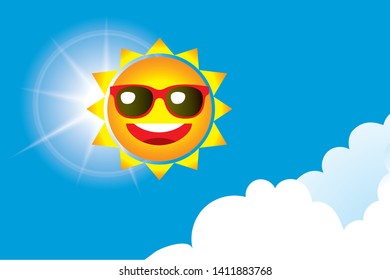 Anime-style smiling sun and blue sea illustration, Sunglasses, vector data