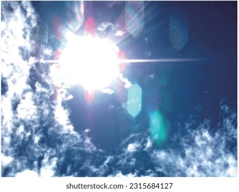 Anime-style vector background material of blue sky with strong sun backlight and flare.