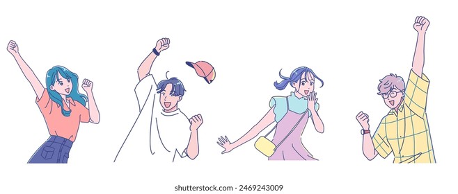 Anime-style young male and female students cheerfully pumping their fists