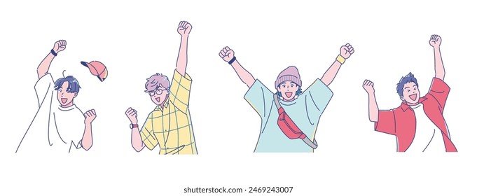 Anime-style young male student cheerfully pumping his fists