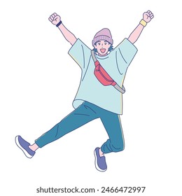 Anime-style young man jumping energetically