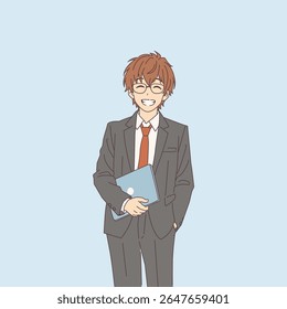 Animestyled illustration of a young student in a suit. He is holding a laptop with a cheerful expression. The background is a soft blue, creating a professional vibe.