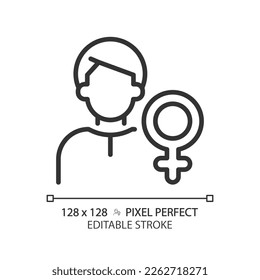 Icono lineal perfecto de píxel animus. Imagen del hombre. Cualidades masculinas. Parte masculina de la personalidad femenina. Psicoanálisis. Ilustración de línea delgada. Símbolo de contorno. Dibujo del contorno del vector. Trazo editable