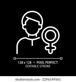 Icono lineal blanco perfecto de píxel animus para el tema oscuro. Imagen del hombre. Cualidades masculinas en la mujer. Teoría psicoanalítica. Ilustración de línea delgada. Símbolo aislado para el modo nocturno. Trazo editable