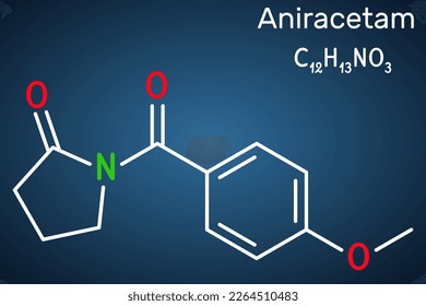 Aniracetam molecule. It is nootropic drug used to ameliorate memory, attention disturbances. Structural chemical formula on the dark blue background. Vector illustration