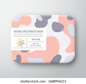Anise Bath Cosmetics Package Box. Vector Wrapped Paper Container with Care Label Cover. Packaging Design. Modern Typography and Hand Drawn Spice. Abstract Camo Background Pattern Layout. Isolated.