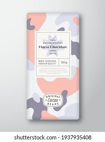 Anise Chocolate Label Abstract Shapes Vector Packaging Design Layout with Realistic Shadows. Modern Typography Hand Drawn Spice Silhouette and Colorful Camouflage Pattern Background. Isolated.