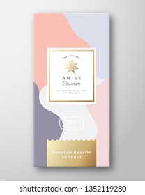 Anise Chocolate Label. Abstract Vector Packaging Design Layout with Soft Realistic Shadows. Modern Typography, Hand Drawn Anise Spice Star Silhouette and Colorful Background. Isolated.
