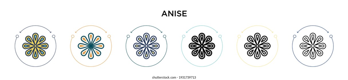 Anise icon in filled, thin line, outline and stroke style. Vector illustration of two colored and black anise vector icons designs can be used for mobile, ui, web