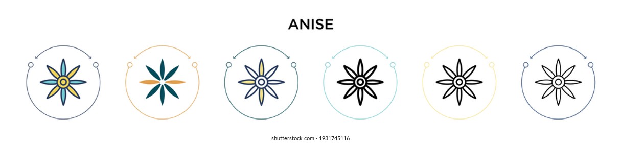 Anise icon in filled, thin line, outline and stroke style. Vector illustration of two colored and black anise vector icons designs can be used for mobile, ui, web