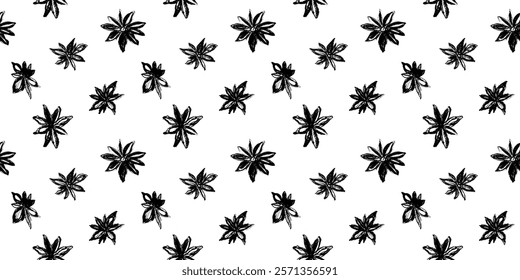 Anise seamless pattern. Hand drawn floral ornament. Vector illustrations for label of cosmetic, tea, coffee. Culinary spice, herbs, cooking wallpaper. Anise stars background. Flower drawing texture.