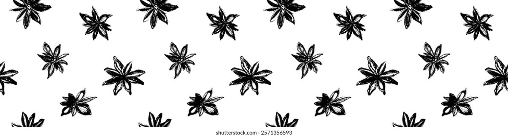 Anise seamless pattern. Hand drawn floral ornament. Vector illustrations for label of cosmetic, tea, coffee. Culinary spice, herbs, cooking wallpaper. Anise stars background. Flower drawing texture.