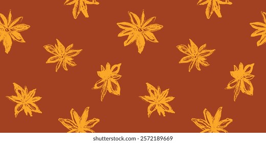 Anise seamless pattern. Hand drawn floral ornament. Vector illustrations for label of cosmetic, tea, coffee. Culinary spice, herbs, cooking wallpaper. Anise stars background. Flower drawing texture.