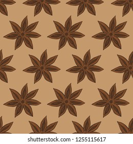 Anise star, badian seamless pattern. Seasonal food vector illustration on brown background. Hand drawn doodles of spice and flavor. Cooking and mulled wine ingredient