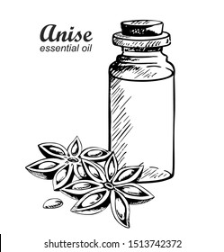 Anise star essential oil bottle. Spices. Hand drawn vector illustration. Drawing for aromatherapy , alternative medicine, beauty and spa, cosmetic ingredient. Great for label, packaging.  