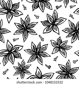 Anise Star Seed and Cloves Seamless Endless Pattern. Seasonal Food Background. Spice and Flavor Mulled Wine Cocktail Ingredient. Cooking or Aromatherapy. Hand Drawn Illustration. Savoyar Doodle Style.