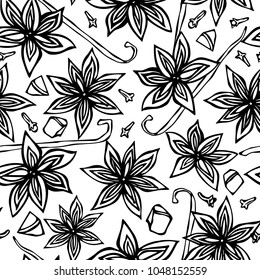 Anise Star Seed, Cloves and Vanilla Pod, Slices of Pear, Pieces of Diced Apple Seamless Endless Pattern. Spice Background. Seasoning, Mulled Wine Cocktail Hand Drawn Illustration Savoyar Doodle Style.