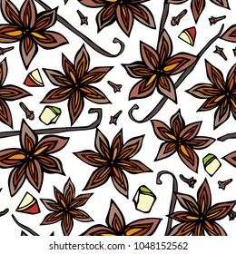 Anise Star Seed, Cloves and Vanilla Pod, Slices of Pear, Pieces of Diced Apple Seamless Endless Pattern. Spice Background. Seasoning, Mulled Wine Cocktail Hand Drawn Illustration Savoyar Doodle Style.