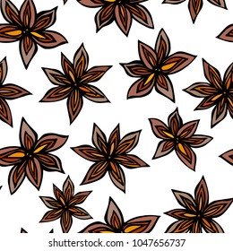Anise Star Seed Seamless Endless Pattern. Seasonal Food Background. Spice and Flavor Mulled Wine Cocktail Ingredient. Cooking or Aromatherapy. Hand Drawn Illustration. Savoyar Doodle Style.