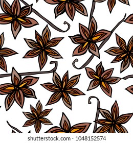Anise Star Seed and Vanilla Pod Seamless Endless Pattern. Seasonal Food Background. Spice and Flavor Mulled Wine Cocktail. Cooking or Aromatherapy. Hand Drawn Illustration. Savoyar Doodle Style.