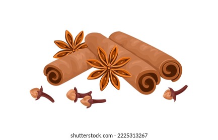 Anise stars, cloves and cinnamon sticks isolated on white background. Christmas aromatic spices. Vector cartoon illustration. Food icon.