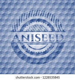 Aniseed blue badge with geometric background.