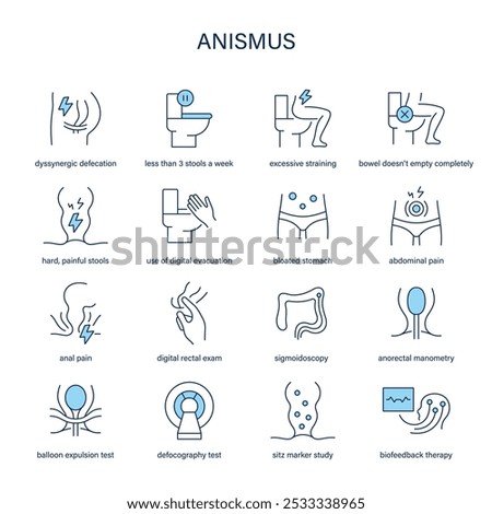 Anismus symptoms, diagnostic and treatment vector icon set. Medical icons.