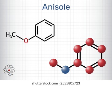 Anisole, methoxybenzene, methyl phenyl ether molecule. Structural chemical formula, molecule model. Sheet of paper in a cage. Vector illustration