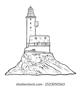 Aniva farol vetor caneta ilustração isolada no fundo branco, sinal de viagem do contorno do farol decorativo, Ilha Sakhalin, Rússia para design de impressão