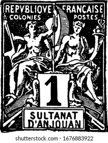 Anjouan Stamp (1 c) from 1892, a small adhesive piece of paper was stuck to something to show an amount of money paid, mainly a postage stamp, vintage line drawing or engraving illustration.