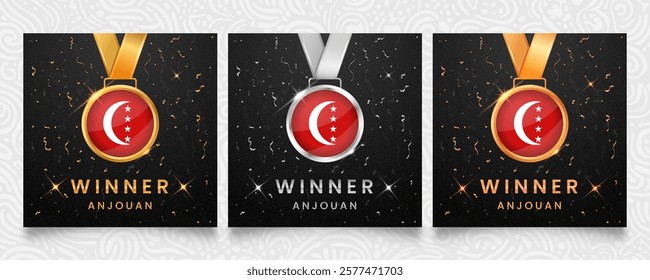 Anjouan Winner set. Medals featuring the flag design, displayed on a dark background with gold and silver confetti accents and sparkling highlights.