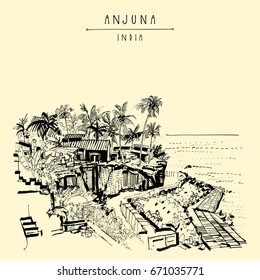 Anjuna beach, Goa, India. Legendary hippie destination. Palm trees. Artistic drawing of tropical summer. Travel sketch. Vintage hand drawn postcard. Vector