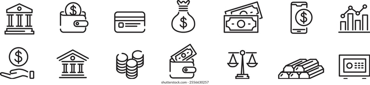 ank icon vector illustration set. credit card mobile banking wallet ATM banger Editable line vector icons collection.