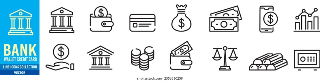 ank icon vector illustration set. credit card mobile banking wallet ATM banger Editable line vector icons collection.