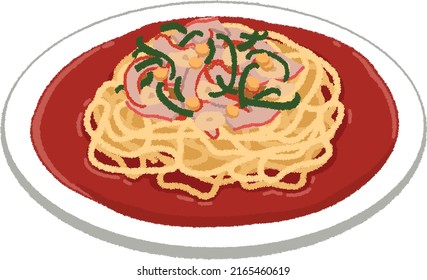 Ankake spaghetti. It's different from Italian pasta, which is boiled spaghetti with sauce. Boiled thick spaghetti is fried like fried noodles and spicy sauce is added to it.