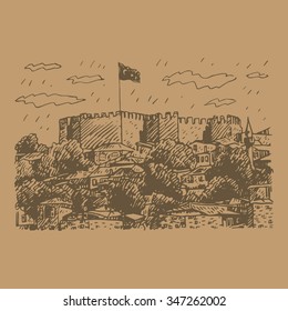 Ankara Castle, Ankara capital city of Turkey. Vector freehand pencil sketch.