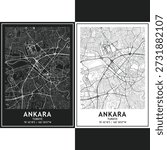 Ankara city map vector set, bundle of dark and light minimalist urban roadmap with scalable street grid, highways, and planning layout 