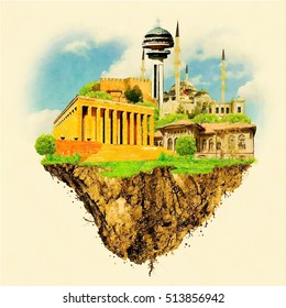 ANKARA city on floating land vector water color illustration 