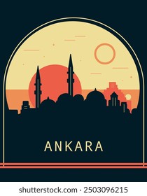 Ankara city retro style poster with skyline, cityscape. Turkey capital vintage vector illustration. Travel front cover, brochure, flyer, leaflet template, layout image