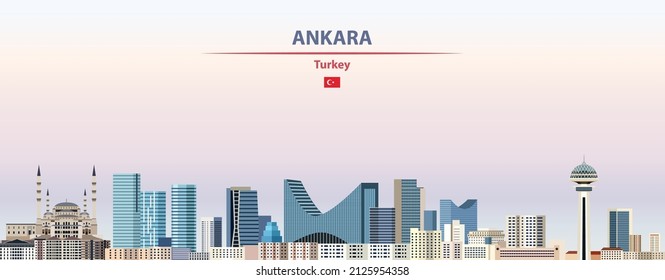 Ankara Cityscape On Sunset Sky Background Vector Illustration With Country And City Name And With Flag Of Turkey