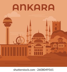 Ankara Landmarks Flat Illustration in Terracotta Color Palette
