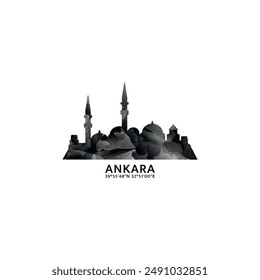 Ankara panorama, vector badge, skyline logo and icon. Turkey city horizon logotype with landmarks and building silhouettes. Isolated foggy abstract gradient graphic