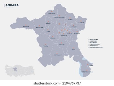 Ankara province of Turkey, detailed district map. Vector illustration.