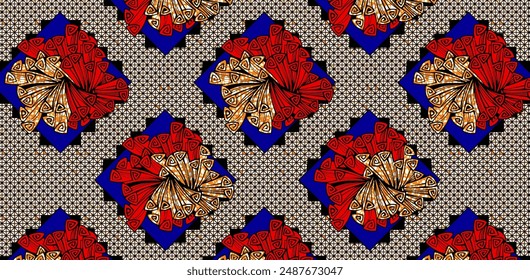 Ankara seamless pattern, straight lines and curves, textile art, tribal abstract, geometrics shape image, background, fashion artwork for Fabric print, clothes, scarf, shawl, carpet