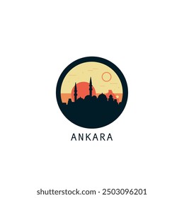 Ankara skyline, downtown panorama logo, logotype. Turkey capital city round badge contour, isolated vector vintage pictogram with monuments, landmarks