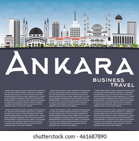 Ankara Skyline with Gray Buildings, Blue Sky and Copy Space. Vector Illustration. Business Travel and Tourism Concept with Historic Buildings. Image for Presentation Banner Placard and Web Site.