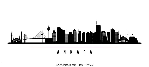 Ankara skyline horizontal banner. Black and white silhouette of Ankara, Turkey. Vector template for your design. 