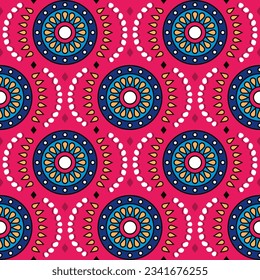 Ankara style or African wax vector seamless pattern with flowers, Africal folk art Batik textile fabric print design. Floral tribal clothing fabric background in pink and navy blue - traditional Java 