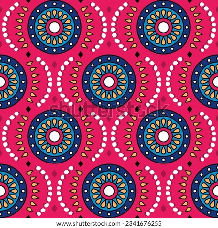 Ankara style or African wax vector seamless pattern with flowers, Africal folk art Batik textile fabric print design. Floral tribal clothing fabric background in pink and navy blue - traditional Java 