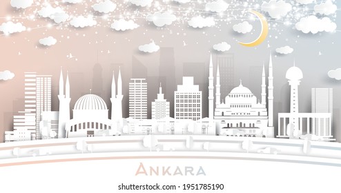 Ankara Turkey City Skyline in Paper Cut Style with White Buildings, Moon and Neon Garland. Vector Illustration. Travel and Tourism Concept. Ankara Cityscape with Landmarks.